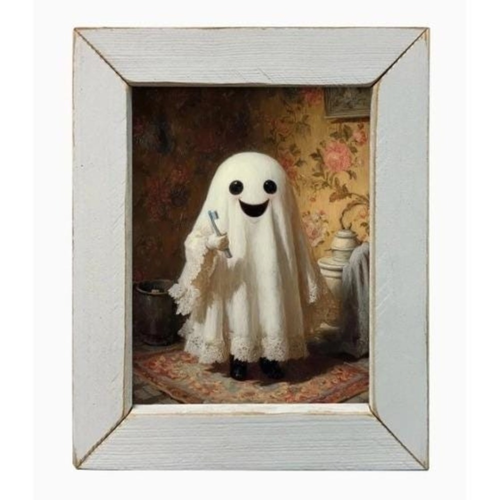 Ghost Brushing Teeth Bathroom Framed Picture 10x12 Spooky Rustic Farmhouse NEW